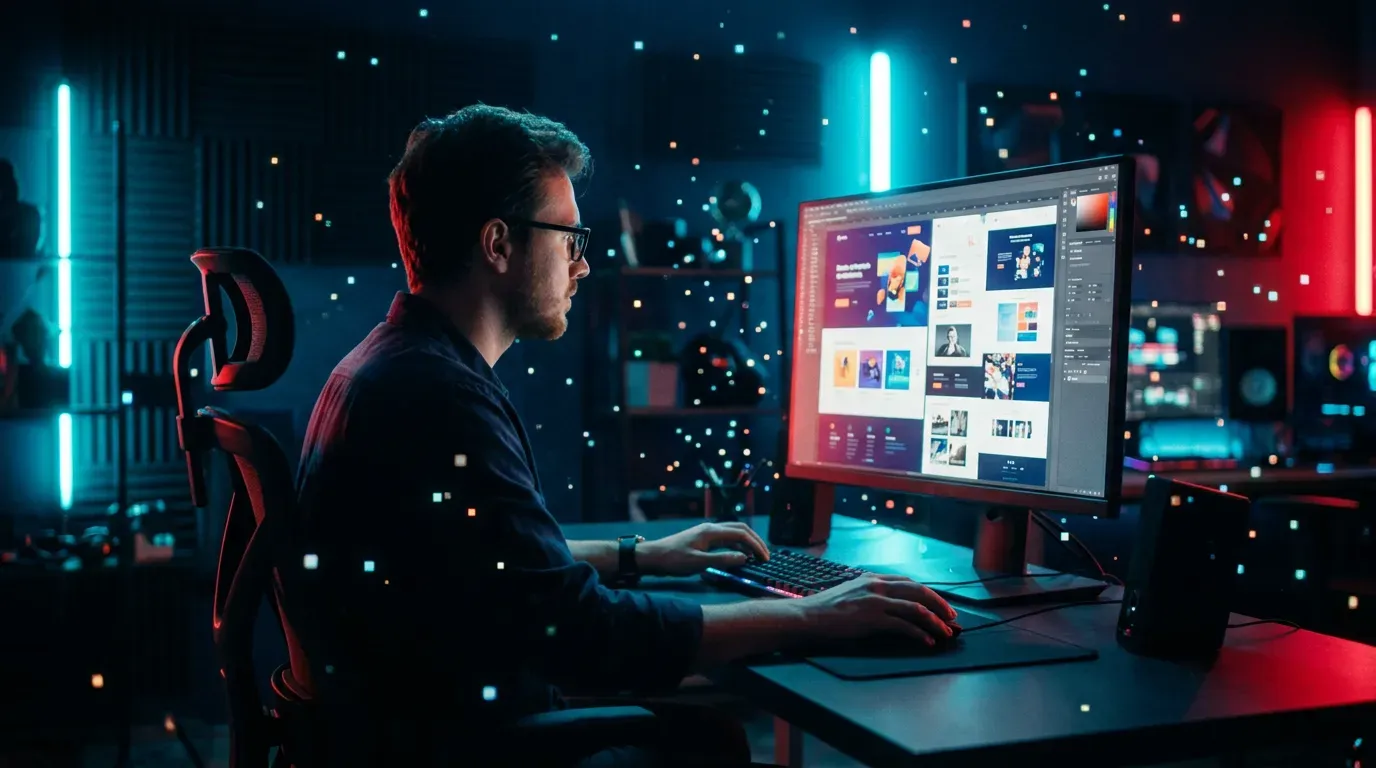 Un web designer travaille sur la maquette d'un site, de nuit
